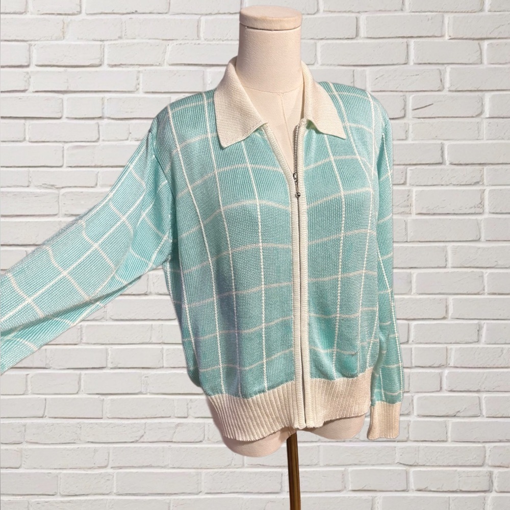 FIA Italia Aqua Check Zip Front Cardigan Shoulder Pads Vintage Boxy Sweater